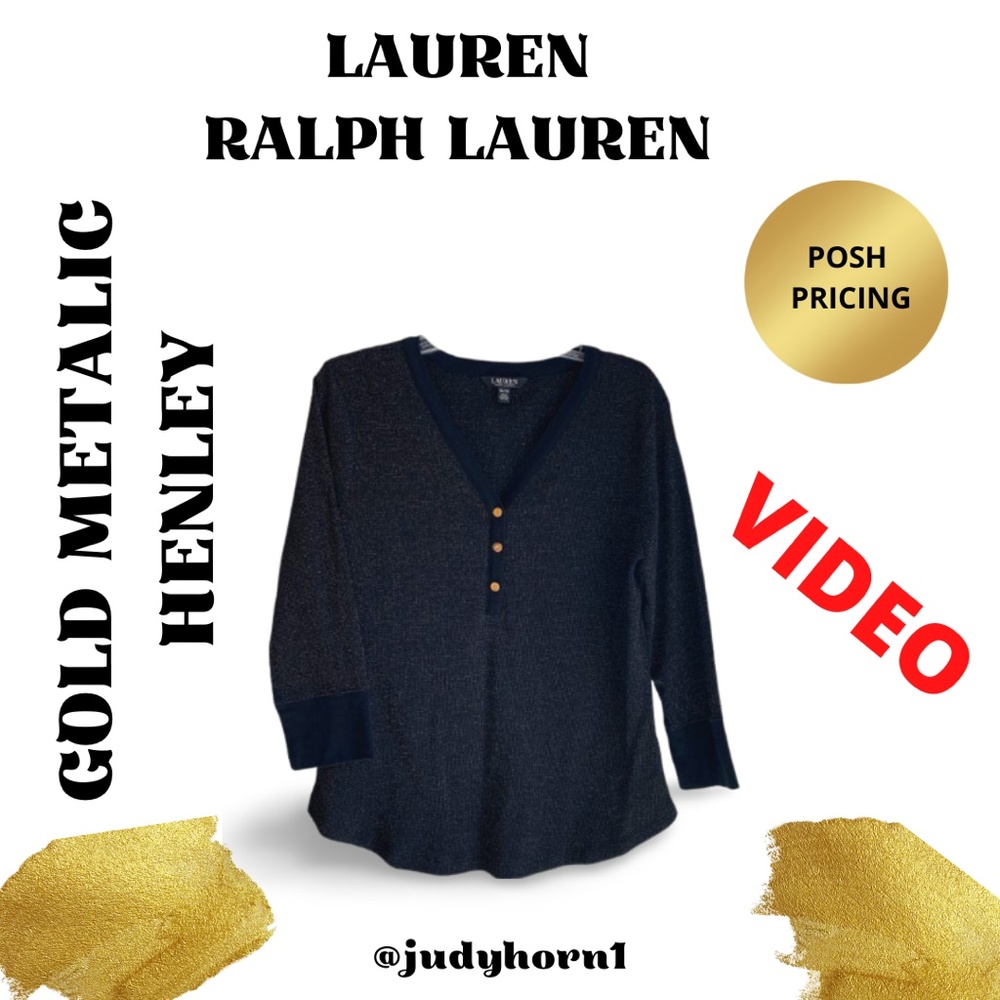 LAUREN RALPH LAUREN Coal Black and Gold Metallic Henley Sweater